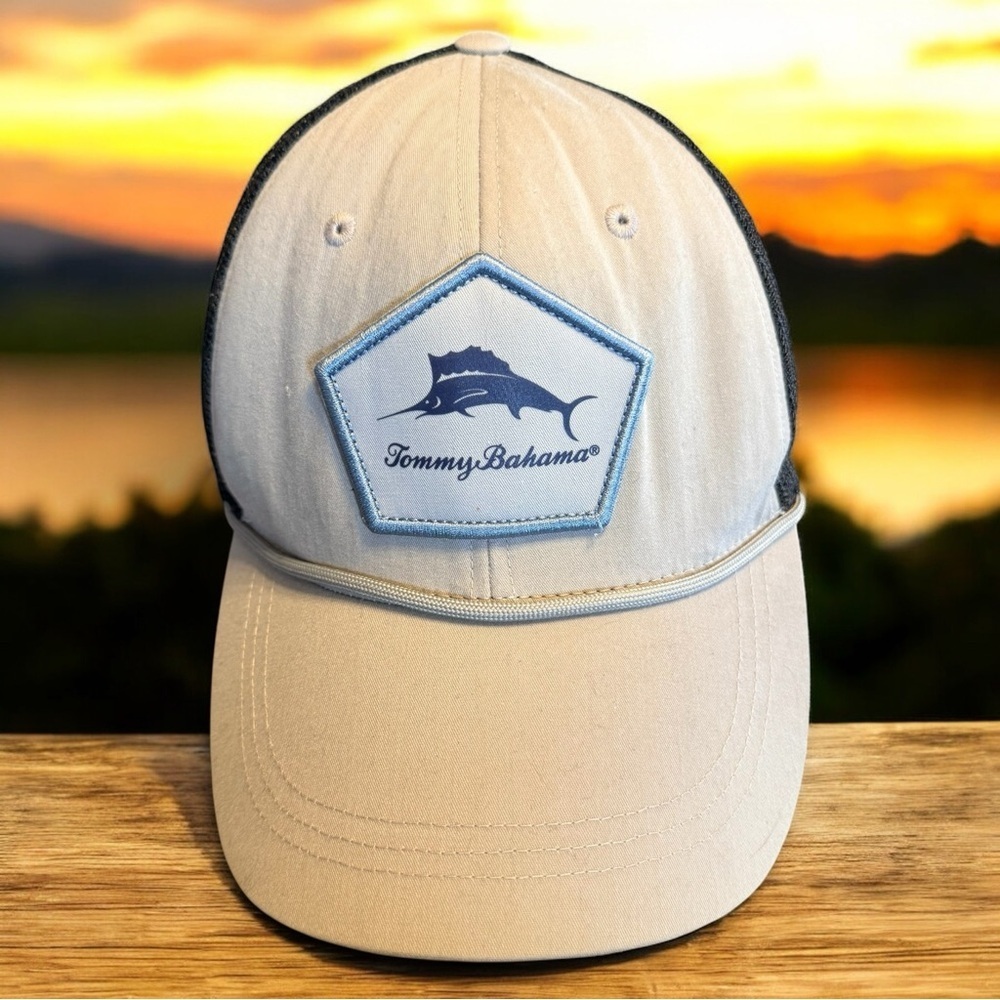 Tommy Bahama Marlin Logo Trucker Hat Beige Navy Mesh Snapback Island Life